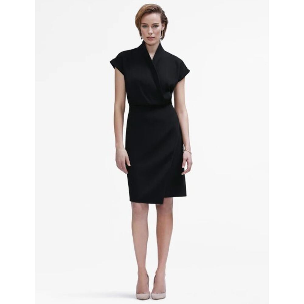 MM Lafleur 14 Dress Black Tory Knee Length Wrap Style Short Sleeve Sheath NEW